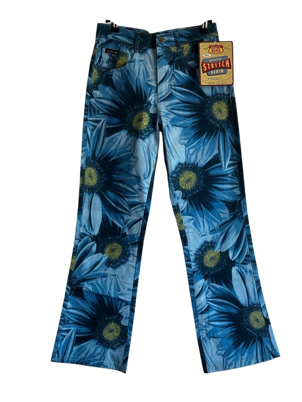 NWT Route 66 Blue Sunflower Print Flare Jeans Girls Size 14 Y2K Hippie Festival